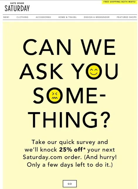Kate Spade New York survey invitation email example, second send