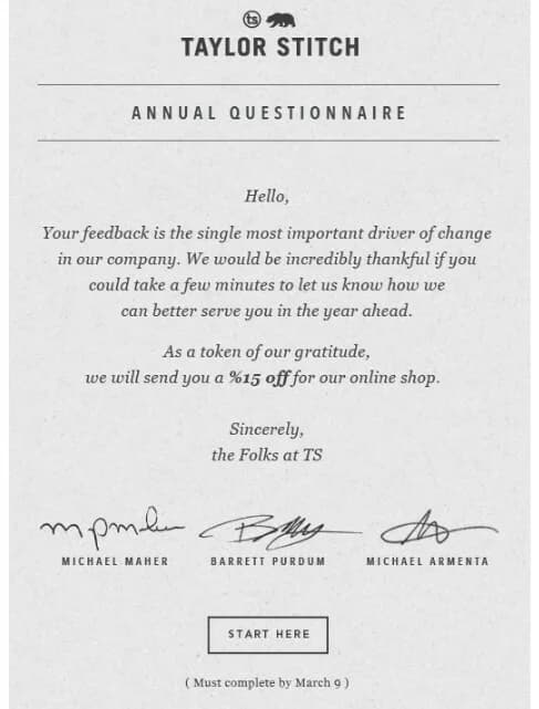 Taylor Stitch survey invitation email example