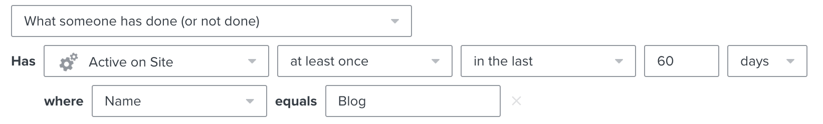 Klaviyo segment: Active on Site at least once in the last 60 days where Name equals Blog