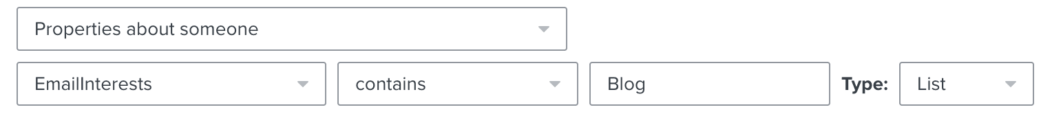 Klaviyo segment: Properties about someone — EmailInterests contains Blog