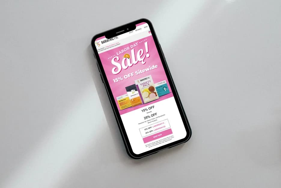 Mobile view of BariatricPal Labor Day sale email with 15% and 25% off tiers and promo codes LABORDAY15 and LABORDAY25.