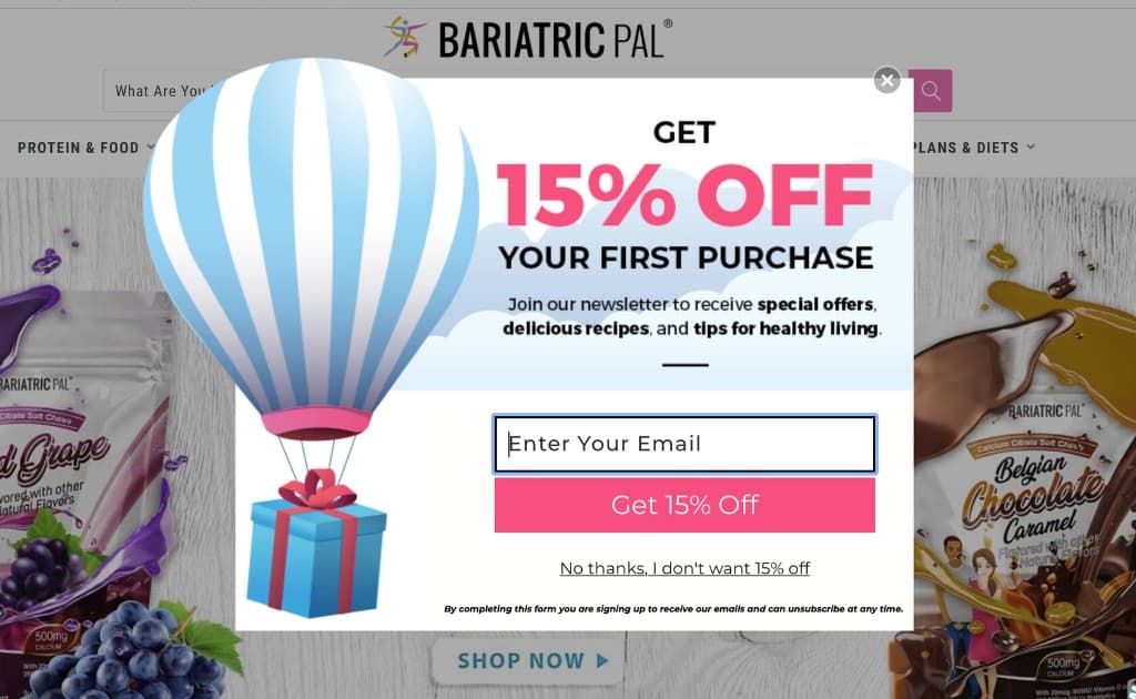 Bariatric Pal website with email capture popup offering 15% off first purchase for newsletter signup.